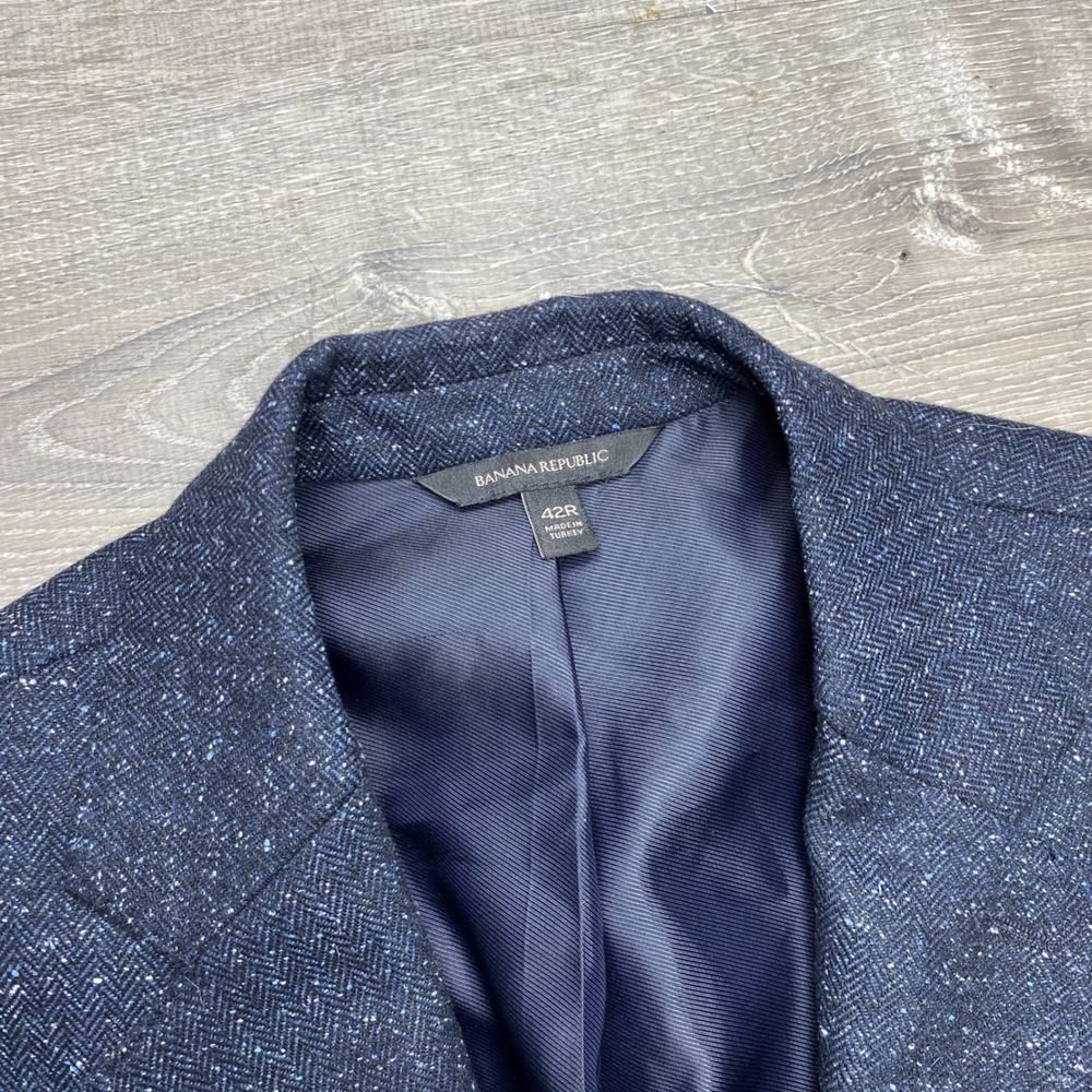 Banana Republic Mens 42R Slim Fit Spacedye Wool Silk Blazer Navy Birdseye - Picture 3 of 15